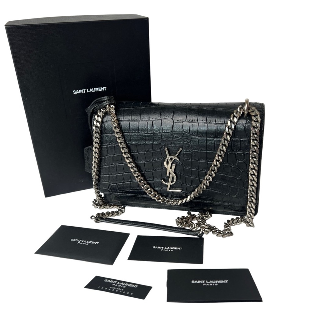 Authentic Saint Laurent Sunset Croc-Embossed Black Leather Crossbody Bag